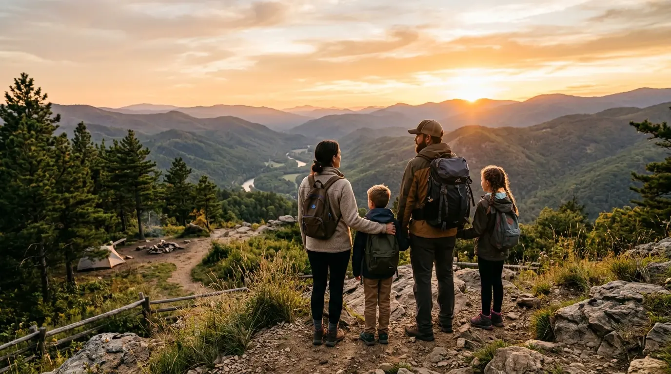 Family enjoying an outdoor adventure at golden hour with mountain views